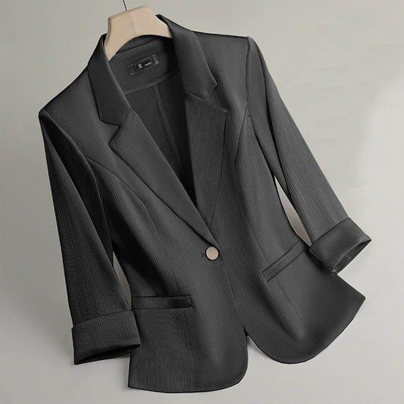 Womens Blazer Slim Fit 3/4 Sleeve Solid Color Notched Lapel Buttons Business Casual Work Office Jacket Suit Jacket with Pockets