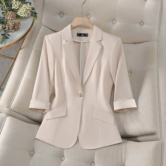 Womens Blazer Slim Fit 3/4 Sleeve Solid Color Notched Lapel Buttons Business Casual Work Office Jacket Suit Jacket with Pockets