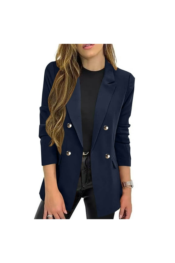 Womens Blazer Suit Notch Lapel Open Front Cardigan Casual Blazer with Long Sleeves Pockets and Single Button Design for Work Office Wear Dark Blue L