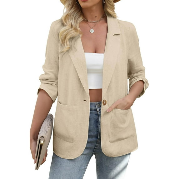 Womens Blazer Suit Open Front Cardigan Long Sleeve Blazer Jacket with Pockets Khaki L