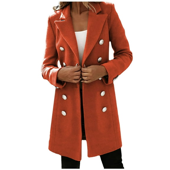Womens Blazer Trench Coat Double Breasted Suit Jacket Mid-length Office Work Wear Casual Long Sleeve Outwear Orange,XL