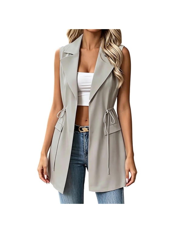Womens Blazer Vest Tie Waist Lapel Open Front Suit Jacket Duster Longline Coat with Flap Pockets Dressy for Business Casual Work Office, Gray, M