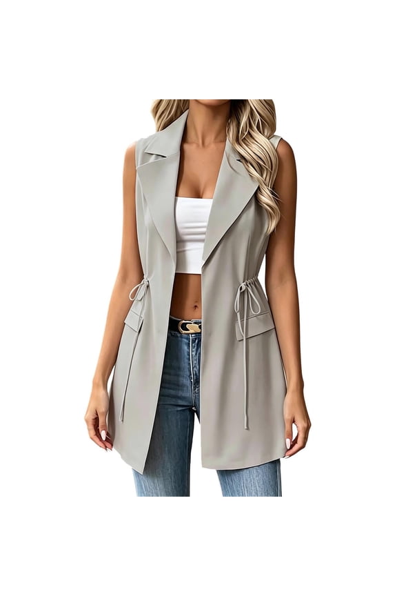 Womens Blazer Vest Tie Waist Lapel Open Front Suit Jacket Duster Longline Coat with Flap Pockets Dressy for Business Casual Work Office, Gray, XL