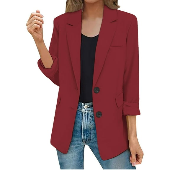 Womens Blazer, Yigetop Womens Casual Jacket Pockets Long Sleeve Open Front Button Work Lapel Button Jacket Oversized Blazers for Women Red2 L