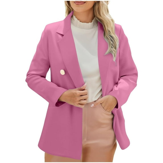 Womens Blazers Business Casual Solid Color Turndown Collar Button Suits Loose Long Sleeved Work Jacket with Pocket Hot Pink XXXL