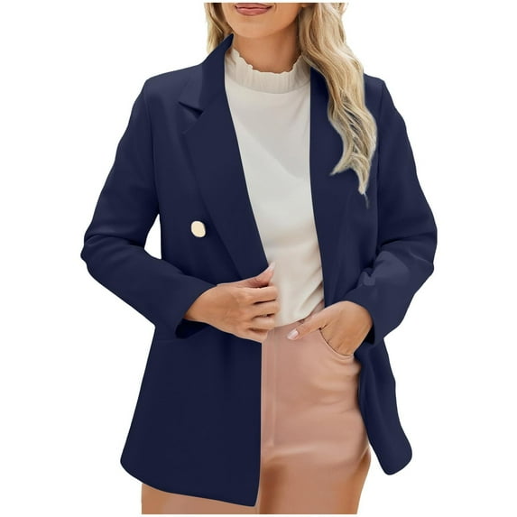 Womens Blazers Business Casual Solid Color Turndown Collar Button Suits Loose Long Sleeved Work Jacket with Pocket Navy XL