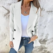 Womens Blazers Casual Jackets Long Sleeve Double Breasted Open Front Plaid Blazer Jackets Work Suits White L