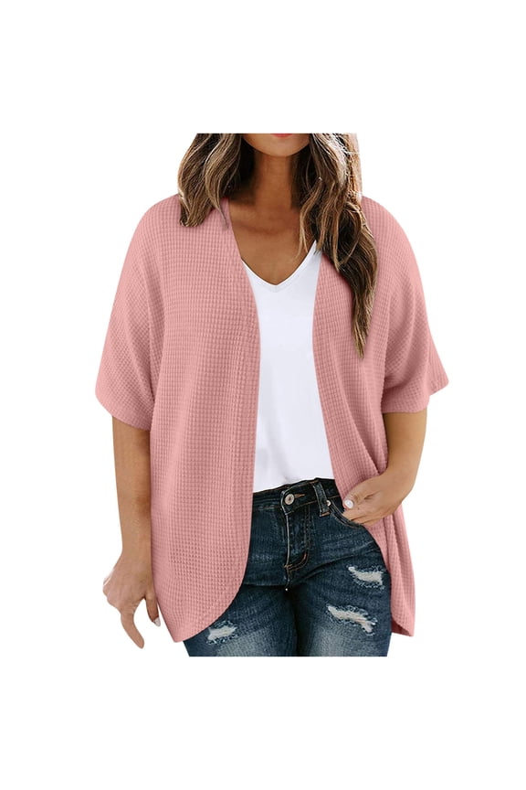 Womens Blazers Casual, Womens Plus Size Cardigan Casual Half Sleeve Waffles Knit Kimonos Open Front Cardigans Jacket Tops 3XL