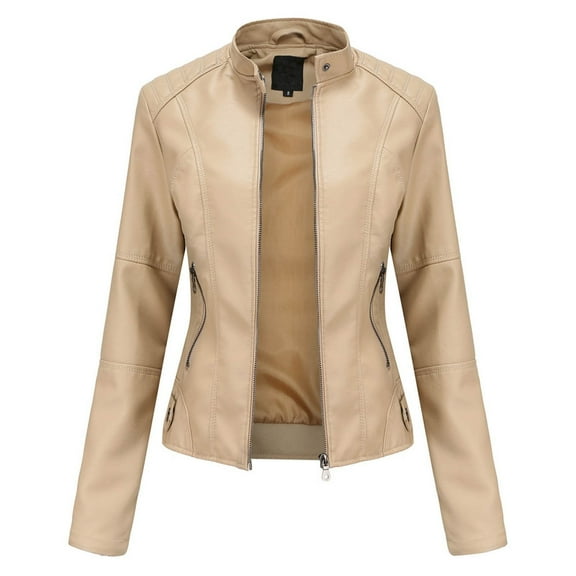 Womens Blazers LoyisViDion Coat New Ladies Slim Leather Stand-Up Collar Zipper Stitching Solid Color Jacket Beige 2Xl