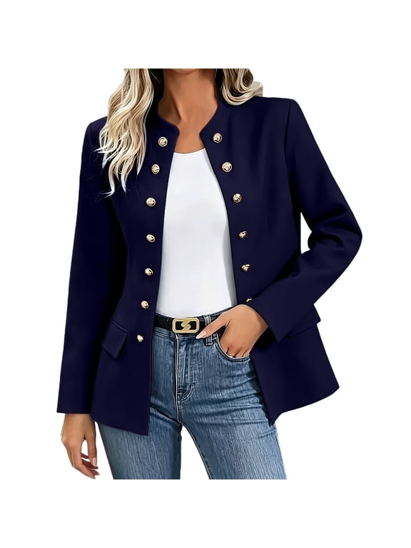 Womens Blazers Jacket Fashion Solid Dressy Suit Blazer Stand-Up Collar Open Front Double-Breasted Cardigans Work Office Business Blazers Long Sleeve Lady's Winter Coat Tops