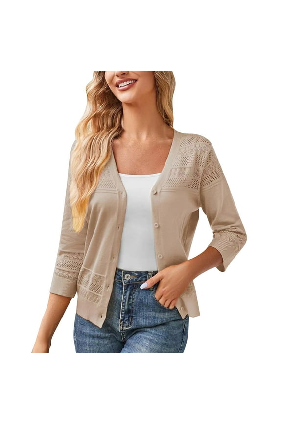 Womens Blazers, Women's 3/4 Sleeve Cropped Cardigan, 2025 Lightweight Crochet Shrugs Button up Knit Sweater Coat Tops Khaki S