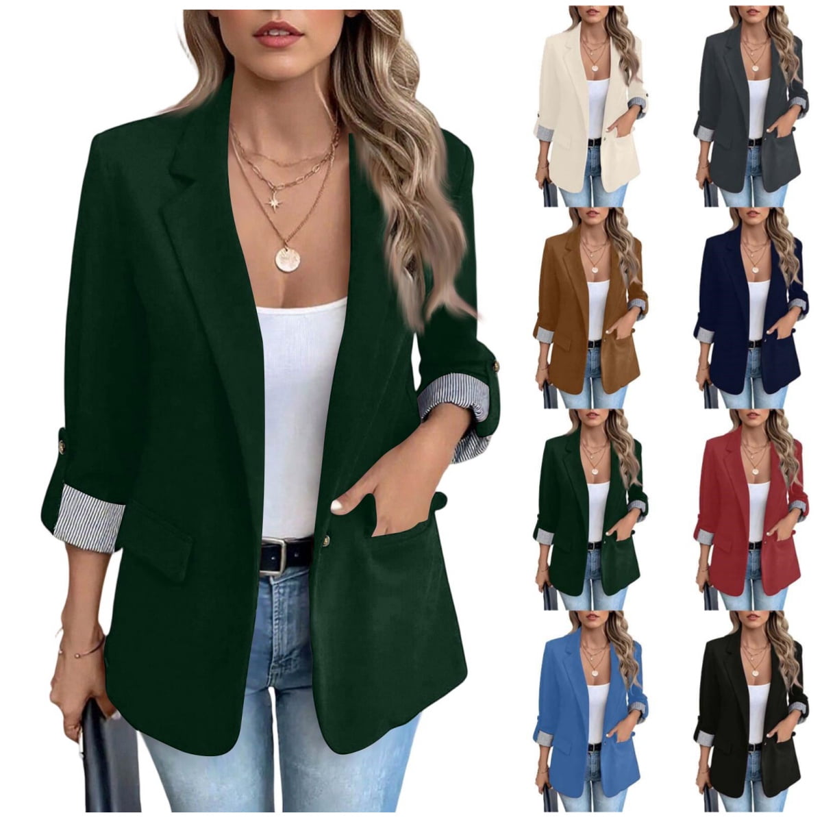 Womens Blazers for Work Open Front Roll Tab 3/4 Sleeve Cuff Buttons ...