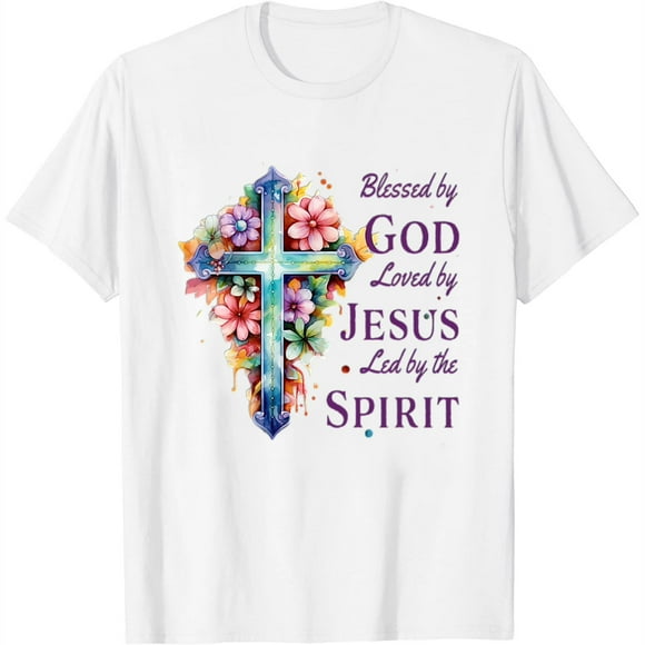 Womens Blessed By God Loved By Jesus Floral Cross Short Sleeve T-Shirt White 2X-Large