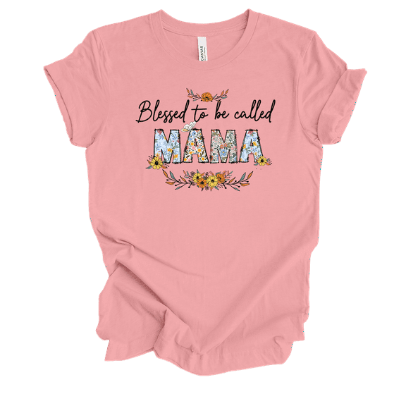 Womens Blessed To Be Floral Whimsical Mother's Day Ladies Pink Short Sleeve T-Shirt-Mama-Medium