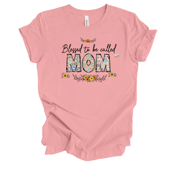 Womens Blessed To Be Floral Whimsical Mother's Day Ladies Pink Short Sleeve T-Shirt-Mom-3X-Large