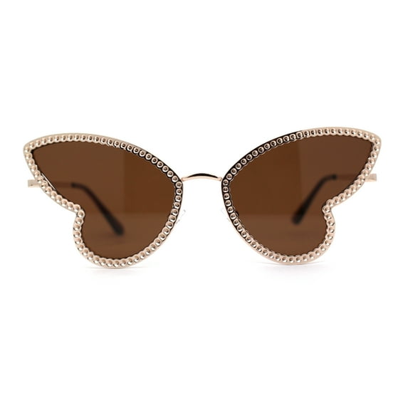 Womens Bling Engraved Metal Rim Fun Butterfly Shape Party Sunglasses Gold Brown