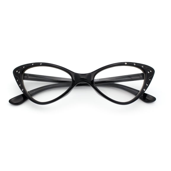 Womens Bling Rhinestone Gothic Cat Eye Clear Lens Plastic Fashion Eyeglasses Black