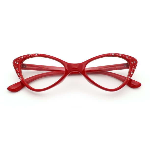 Womens Bling Rhinestone Gothic Cat Eye Clear Lens Plastic Fashion Eyeglasses Red