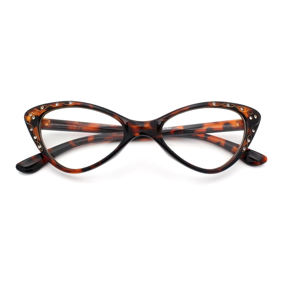Womens Bling Rhinestone Gothic Cat Eye Clear Lens Plastic Fashion Eyeglasses Tortoise