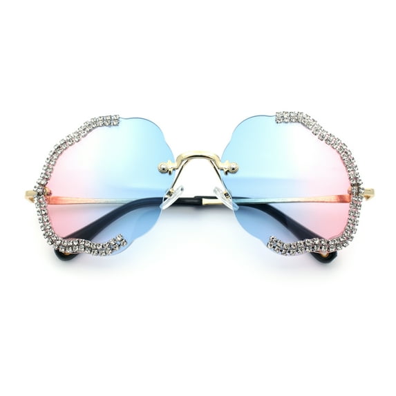 Womens Bling Rhinestone Jewel Rimless Cloud Shape Luxury Sunglasses Gold - Blue Pink