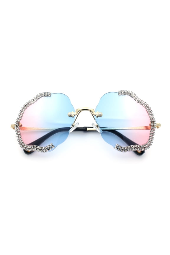 Womens Bling Rhinestone Jewel Rimless Cloud Shape Luxury Sunglasses Gold - Blue Pink