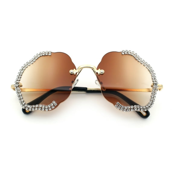 Womens Bling Rhinestone Jewel Rimless Cloud Shape Luxury Sunglasses Gold - Brown