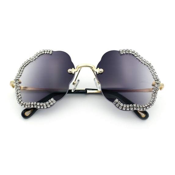 Womens Bling Rhinestone Jewel Rimless Cloud Shape Luxury Sunglasses Gold - Smoke