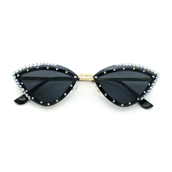 Womens Bling Rhinestone Rimless Cat Eye Metal Rim Luxury Sunglasses Gold - Black
