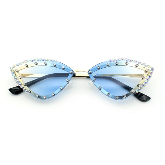 Womens Bling Rhinestone Rimless Cat Eye Metal Rim Luxury Sunglasses Gold - Blue