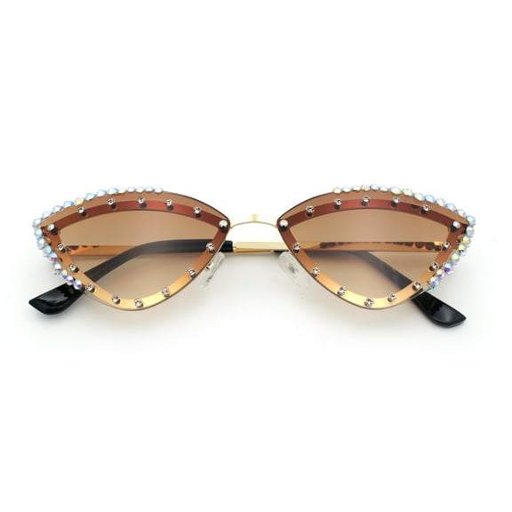 Womens Bling Rhinestone Rimless Cat Eye Metal Rim Luxury Sunglasses Gold - Brown