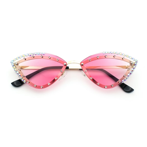 Womens Bling Rhinestone Rimless Cat Eye Metal Rim Luxury Sunglasses Gold - Pink