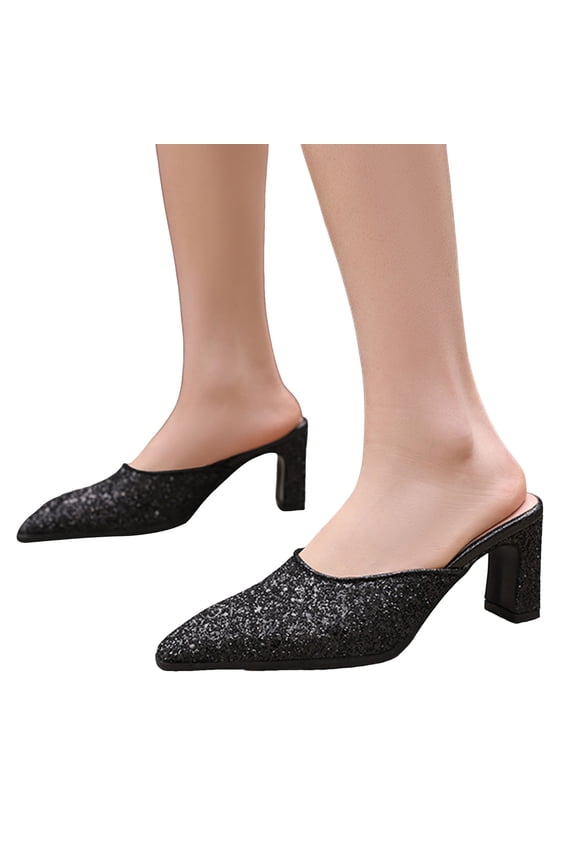 Womens Bling Sequin Mules Bridal Wedding Sparkly Pointed Toe Chunky Block High Heels Slip on Dress Sandals Clogs Pumps Shoes for Bride