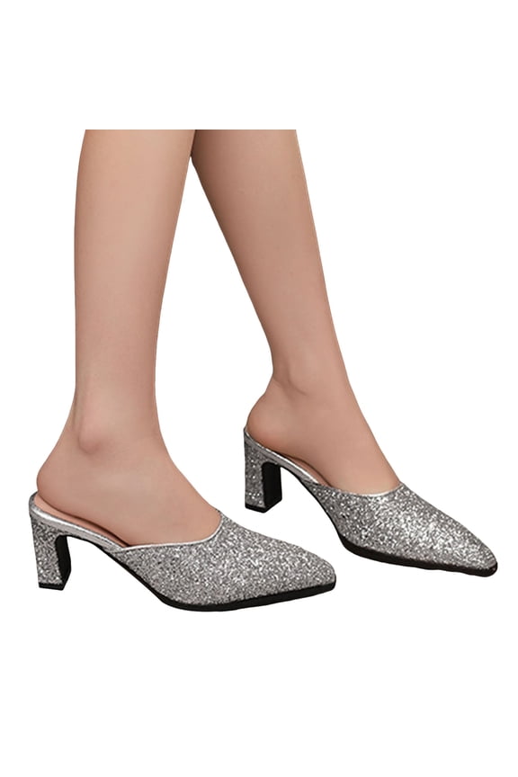 Womens Bling Sequin Mules Bridal Wedding Sparkly Pointed Toe Chunky Block High Heels Slip on Dress Sandals Clogs Pumps Shoes for Bride