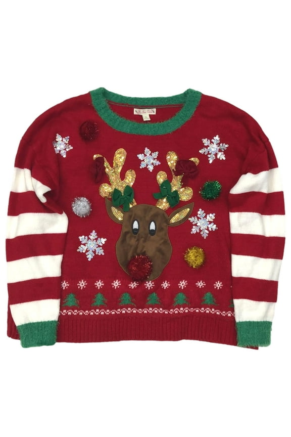 Womens Blingy Red Stripe Sequin Reindeer Christmas Holiday Sweater X-Large