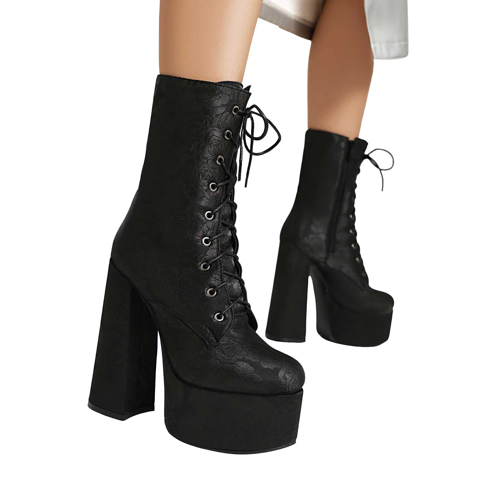 homecoming dress with combat boots Chenyee Womens Block High Heel Platform Fall Round Toe Thick Sole Mid Calf Booties Lace Up Prom Ankle Boots Black Size 6, Women's summer dress with combat boots