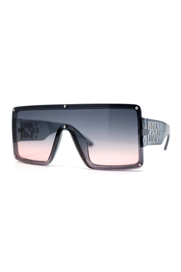 Womens Block Shield Lens Robotic Rectangle Sunglasses Slate Black Peach