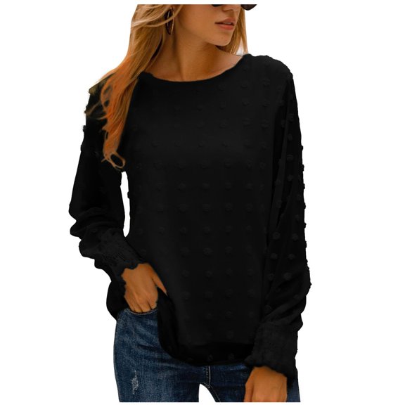 Womens Blouse Chiffon Pom-Pom Lantern Sleeve Round Neck Elegant Trendy Tops