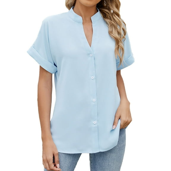 Womens Blouse Chiffon V Neck Short Sleeve Spring Summer Loose Plus Size Tops