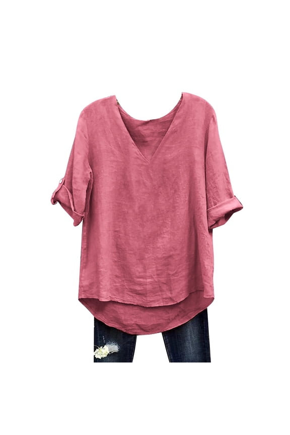 Womens Blouse Cotton Blend Mid Sleeve Loose Casual Fall Solid Plus Size Tops