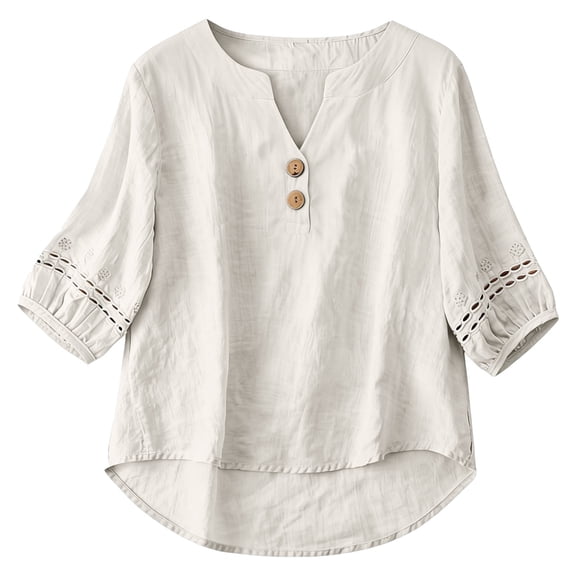Womens Blouse Cotton Linen Pleated 3/4 Sleeve Casual Solid Trendy Tops