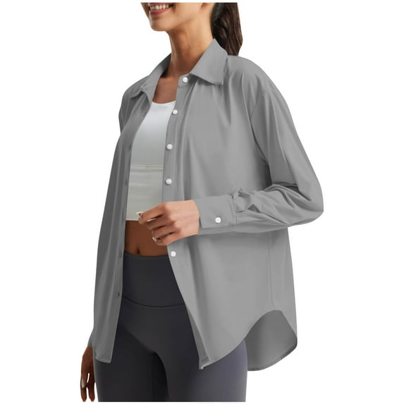 Womens Blouse Long Sleeve Shirt V Neck Shirts Tops Button Down Basic Loose Tunic T Shirts Gray S