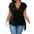 thumbnail image 1 of Womens Blouse Plus Size Crinkled Texture Fabric Crossover Wrap Knotted Side Short Sleeve Commuter Shirt Black XXXL, 1 of 7