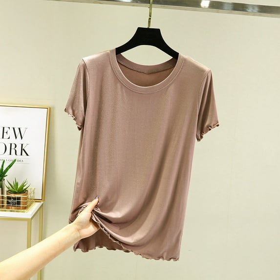 Womens Blouse Plus Size Round Neck Solid Color Short Sleeved Loose T-shirt Coffee XL