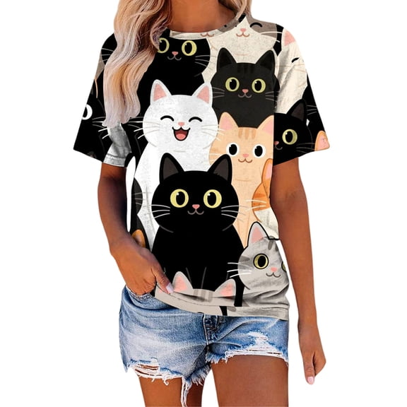 Womens Blouse Printed Round Neck Short Sleeve Casual Summer Basic Trendy Tops