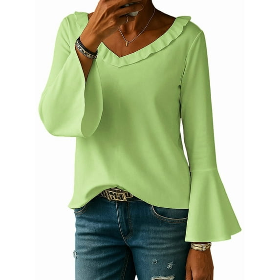Womens Blouse Ruffle 3/4 Sleeve Tops V Neck Business Casual Blouses Shirts Spring Summer Outfits Light Green XXL