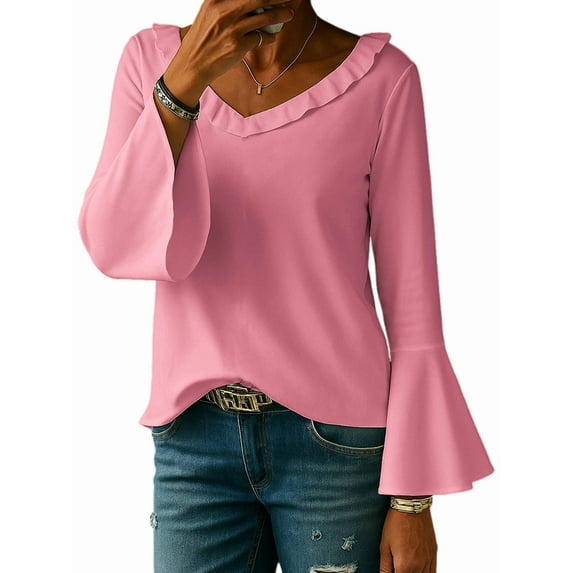 Womens Blouse Ruffle 3/4 Sleeve Tops V Neck Business Casual Blouses Shirts Spring Summer Outfits Pink S