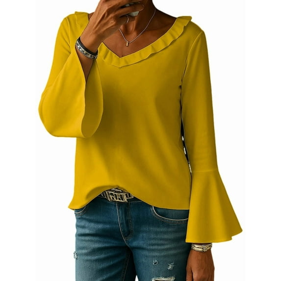Womens Blouse Ruffle 3/4 Sleeve Tops V Neck Business Casual Blouses Shirts Spring Summer Outfits Yellow M