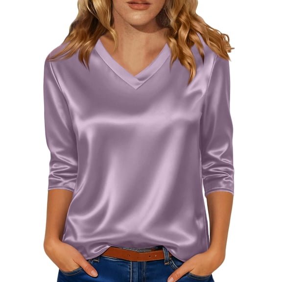 Womens Blouse Satin V Neck 3/4 Sleeve Business Work Casual Trendy Tops