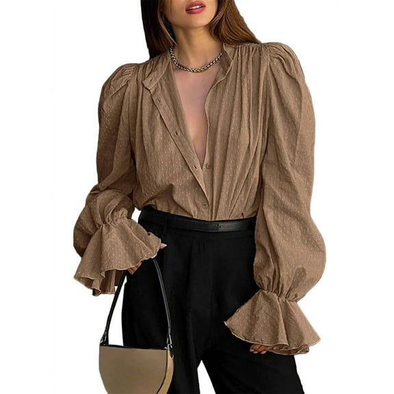 Womens Blouse Shirt Straw Yellow Solid Color Shirred Cuff V Neck Blouse Trendy 2024 Fall Winter Clothes Khaki L