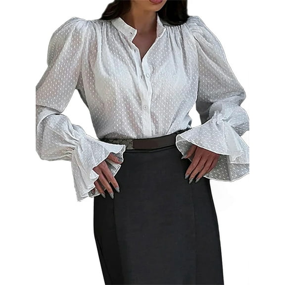Womens Blouse Shirt Straw Yellow Solid Color Shirred Cuff V Neck Blouse Trendy 2024 Fall Winter Clothes White S